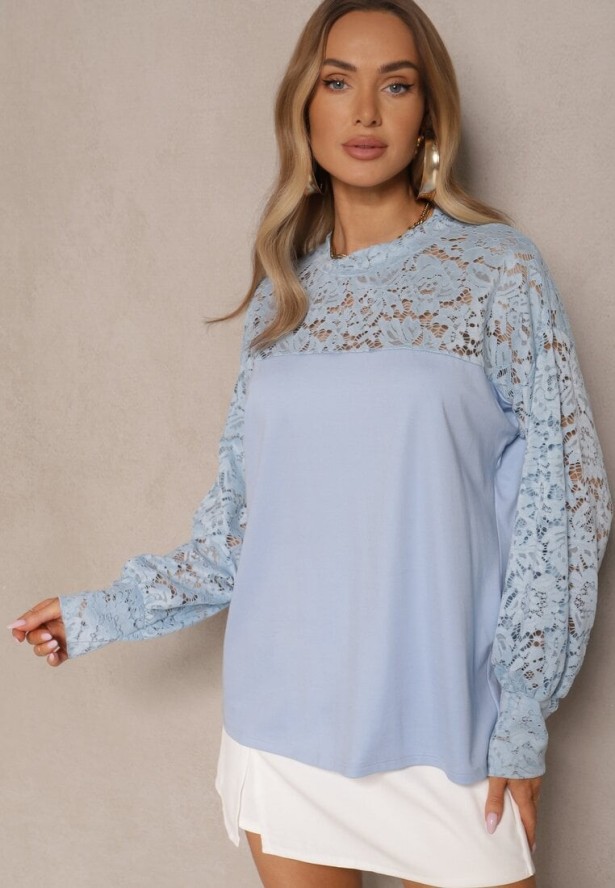 Niebieska Bluzka z Wiskozą z Koronką Eviriva