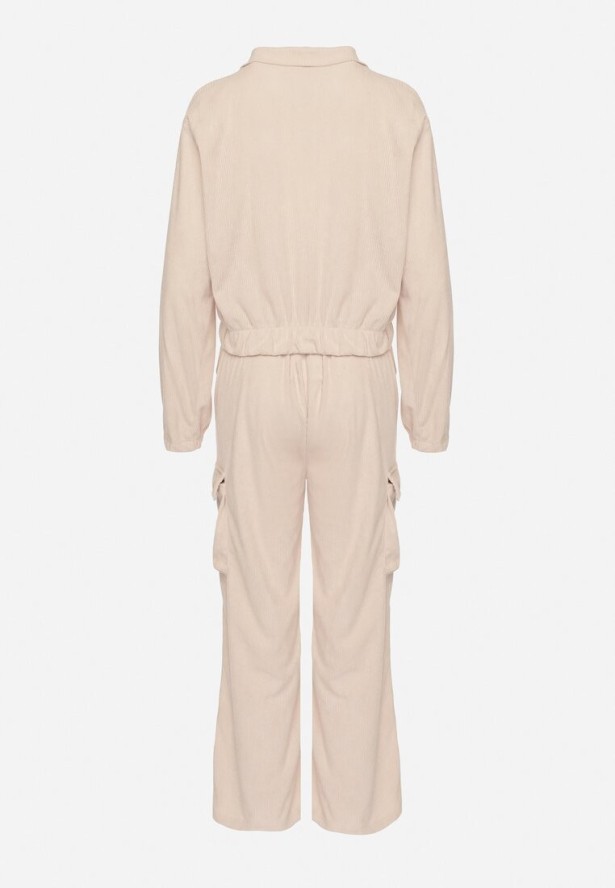 Jasnobeżowy Komplet Dresowy w Stylu Cargo Bluza ze Stójką i Szerokie Spodnie Arritarra