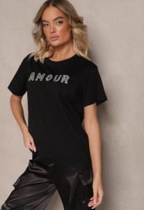 Czarny Bawełniany T-shirt z Napisem z Cekinami Marivinna