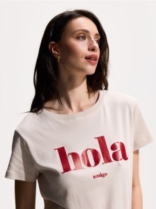 Bawełniany t-shirt z nadrukiem - beżowy