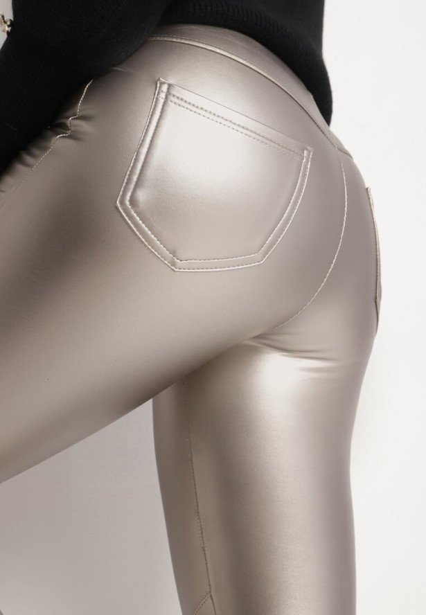 Srebrne Ocieplane Spodnie z Imitacji Skóry o Dopasowanym Kroju z Wysokim Stanem Rivaki