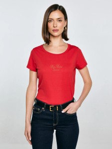 Koszulka damska z napisem z cyrkonii czerwona Malvina 603