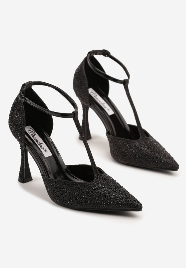 Czarne Sandały na Obcasie z Noskiem w Szpic i Zdobieniem z Cyrkonii Ulosiera