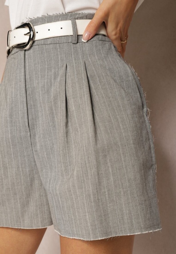 Szare Szorty High Waist Zapinane na Zamek Błyskawiczny Tiamarella
