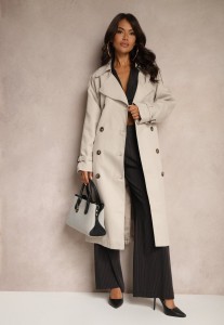 Jasnobeżowy Oversizowy Płaszcz Trencz o Dwurzędowym Kroju z Paskiem Darinella