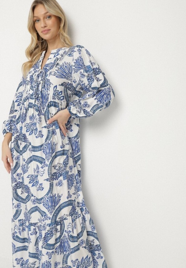 Niebieska Sukienka z Wiskozą o Rozkloszowanym Kroju z Wiązaniem w Roślinny Wzór Korivona