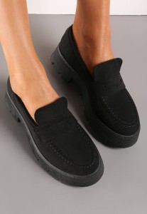 Czarne Mokasyny na Grubej Podeszwie Samil