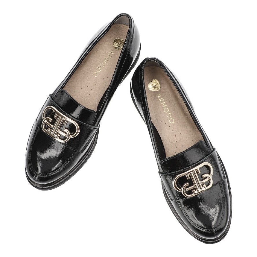 Czarne Półbuty Armodo Lakierowane Mokasyny Damskie