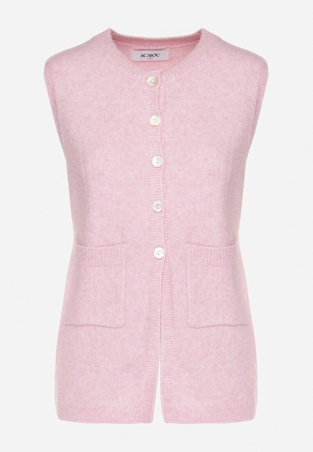 Różowa Rozpinana Kamizelka Sweterkowa z Wełną Quilzeki