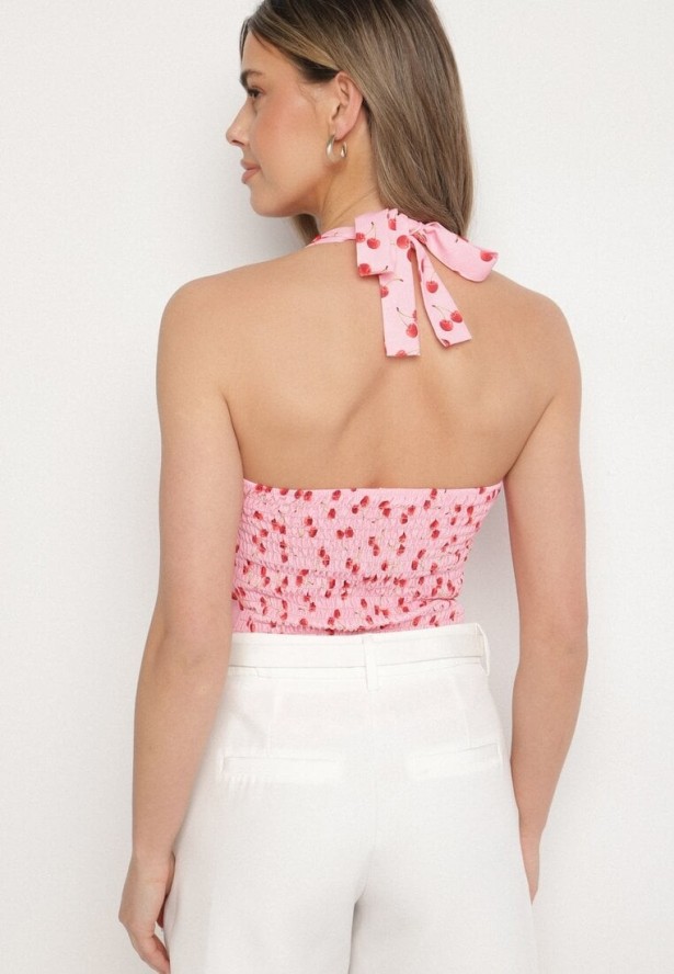 Różowa Bluzka z Odkrytymi Plecami i Wiązaniem Zdobiona Guzikami Tolanesse