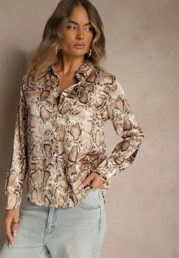 Brązowa Koszula Vices z Satynowej Tkaniny w Wężowy Print Resmina