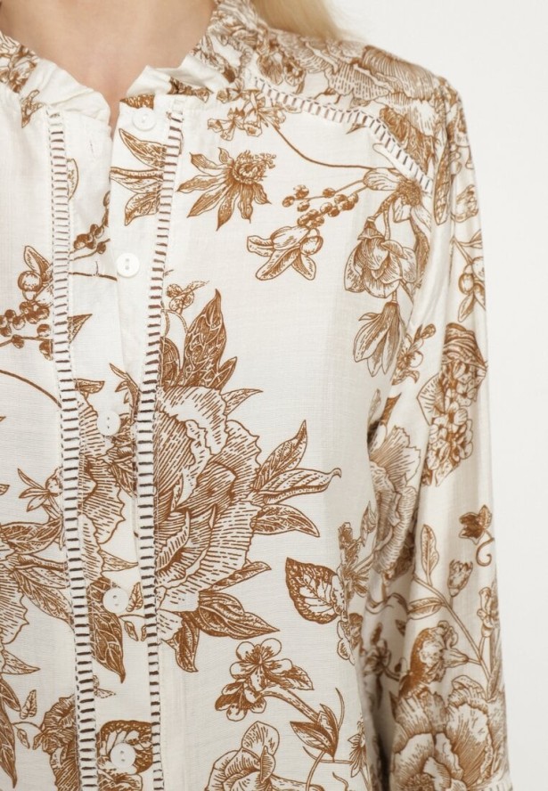Beżowa Koszula z Wiskozy z Bufiastymi Rękawami w Kwiatowy Wzór Melhanor