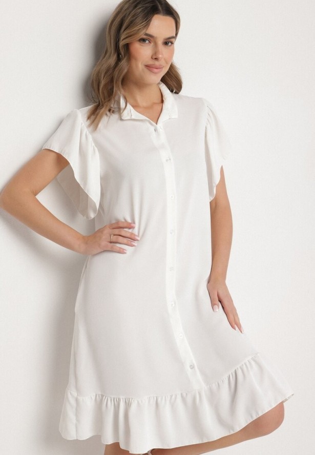 Biała Sukienka Koszulowa z Guzikami i Falbankami Tenalena