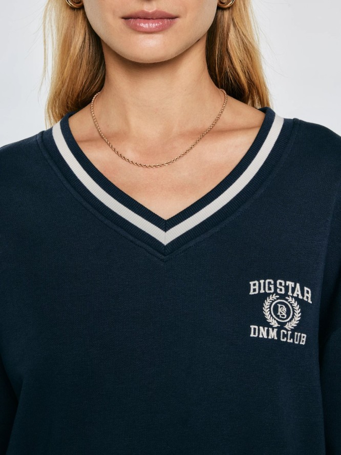 Bluza damska w stylu college z haftem z dekoltem v-neck granatowa Gabriella 403