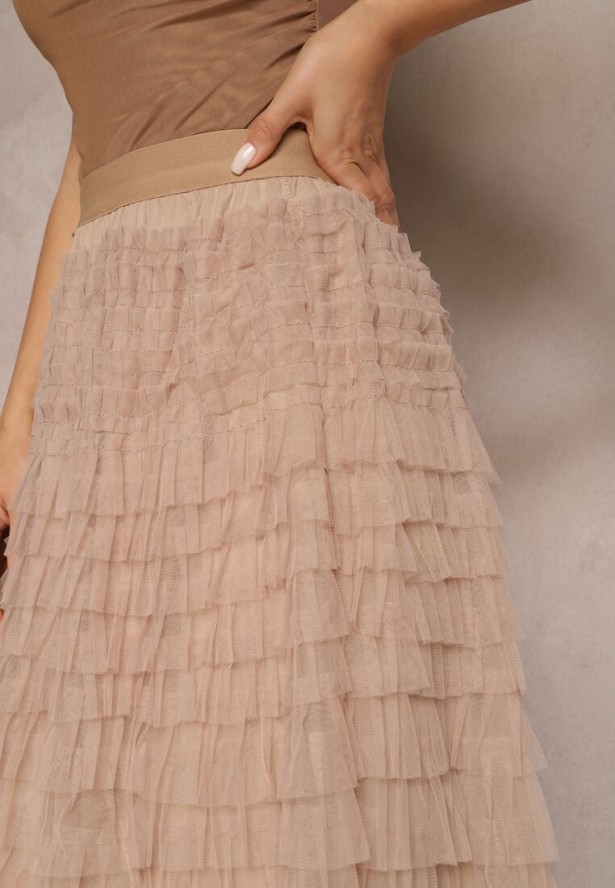 Ciemnobeżowa Tiulowa Spódnica Maxi z Gumką w Pasie i Falbankami Mahlia