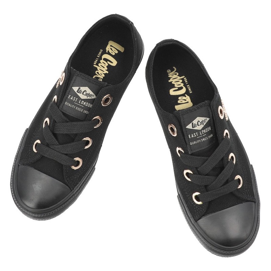 Trampki damskie Lee Cooper, cholewka z materiału tekstylnego wiązanie z przodu metalowe oczka na płaskiej podeszwie, czarne, LCW-26-02-4069L SVL-653