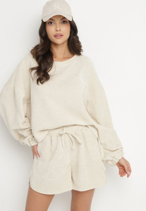 Beżowy Dzianinowy Komplet Bluza i Szorty Novanisa