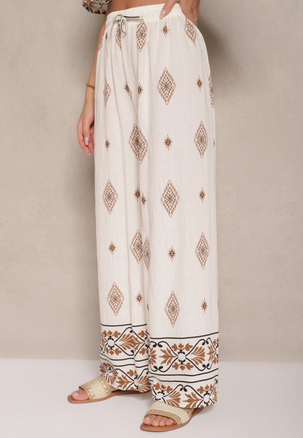 Beżowy Komplet w Stylu Boho Bluzka z Krótkim Rękawem i Luźne Spodnie Divorine