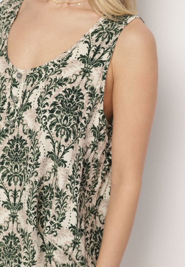 Zielono-Beżowa Bluzka z Bawełny ze Wzorem Boho Napolea