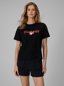 4F T-shirt loose z nadrukiem damski - czarny XS