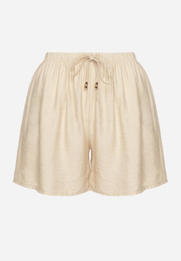 Beżowe Bawełniane Szorty z Wysokim Stanem Ozdobione Wiązaniem Filomira