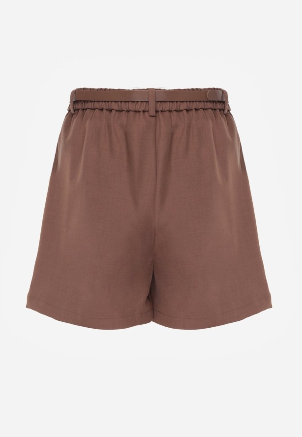 Brązowe Szorty Typu Bermudy z Paskiem i Prostokątną Klamrą Tinalora