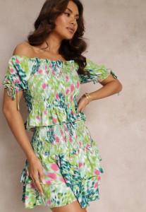 Zielony 2-częściowy Komplet Bluzka z Hiszpańskim Dekoltem i Spódnica z Cienkimi Gumkami Mineph