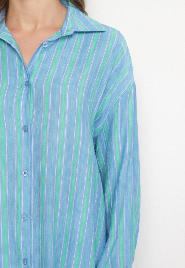 Niebieska Koszula z Wiskozą Ozdobiona Paskami Liavona