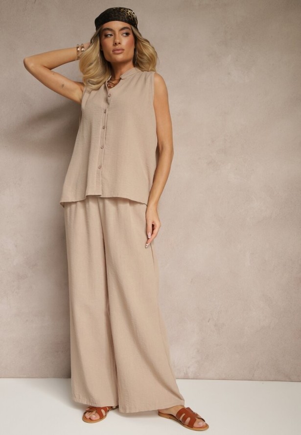 Ciemnobeżowy Komplet Koszula na Guziki bez Rękawów i Szerokie Spodnie Telaritia