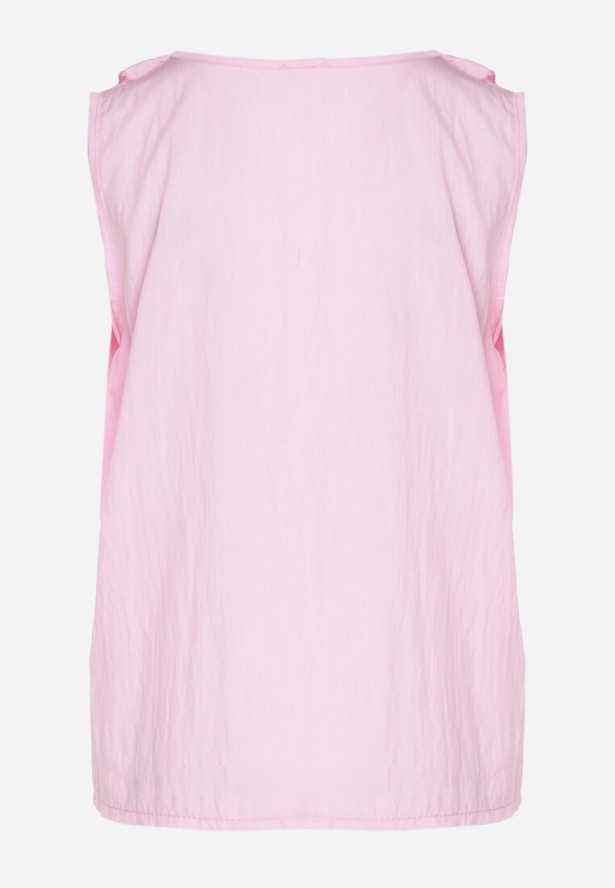 Różowa Bluzka z Wiskozą Zdobiona Falbaną przy Dekolcie Palissea