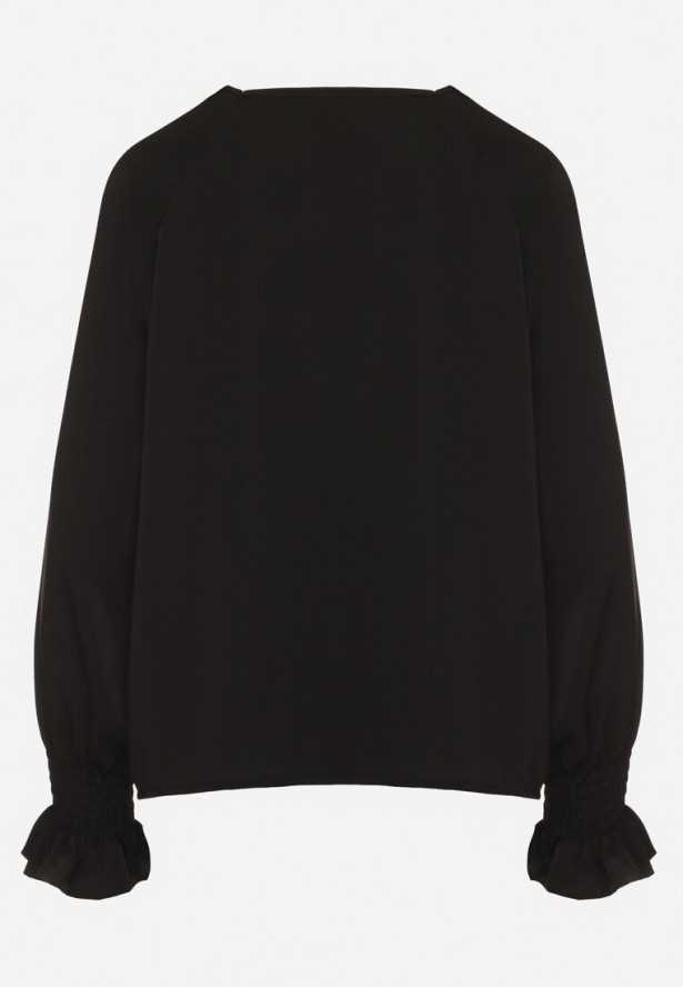 Czarna Bluzka z Ozdobnymi Falbankami Emitta