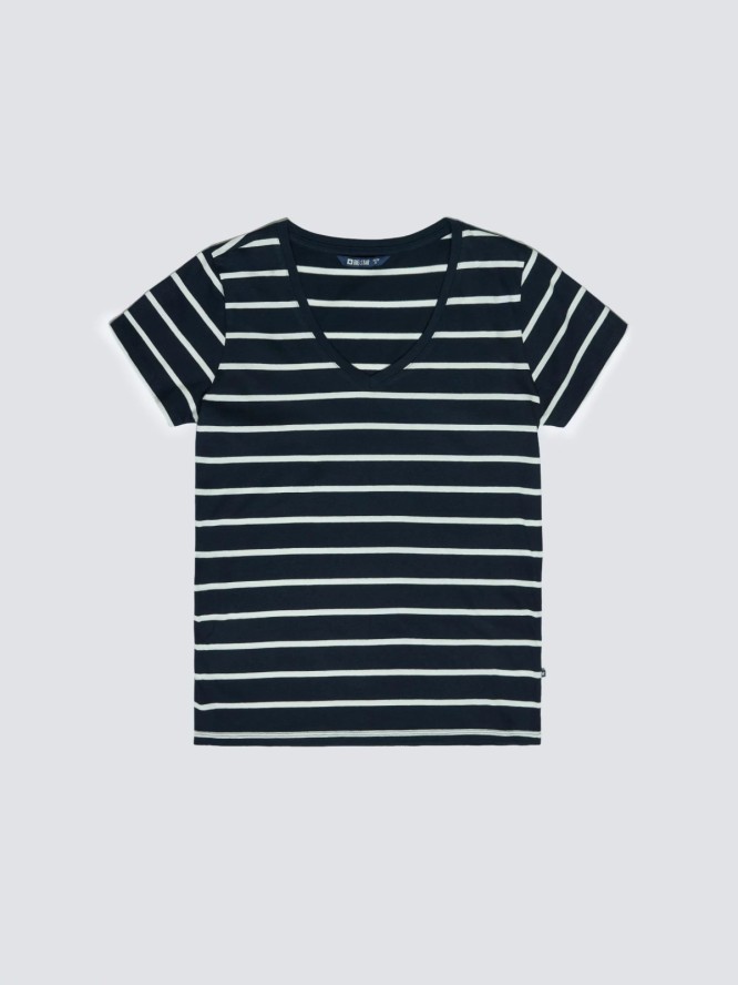 Koszulka damska z dekoltem v-neck w paski granatowa Retina 403