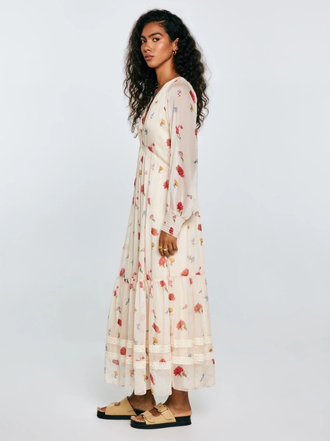 Sukienka damska maxi z motywem kwiatowym kremowa Ester 103