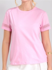 Bawełniania koszulka z ażurową wstawką - różowy