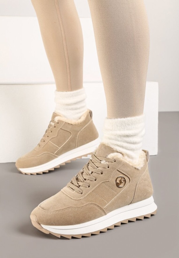 Ciemnobeżowe Ocieplane Sneakersy na Platformie Appopis