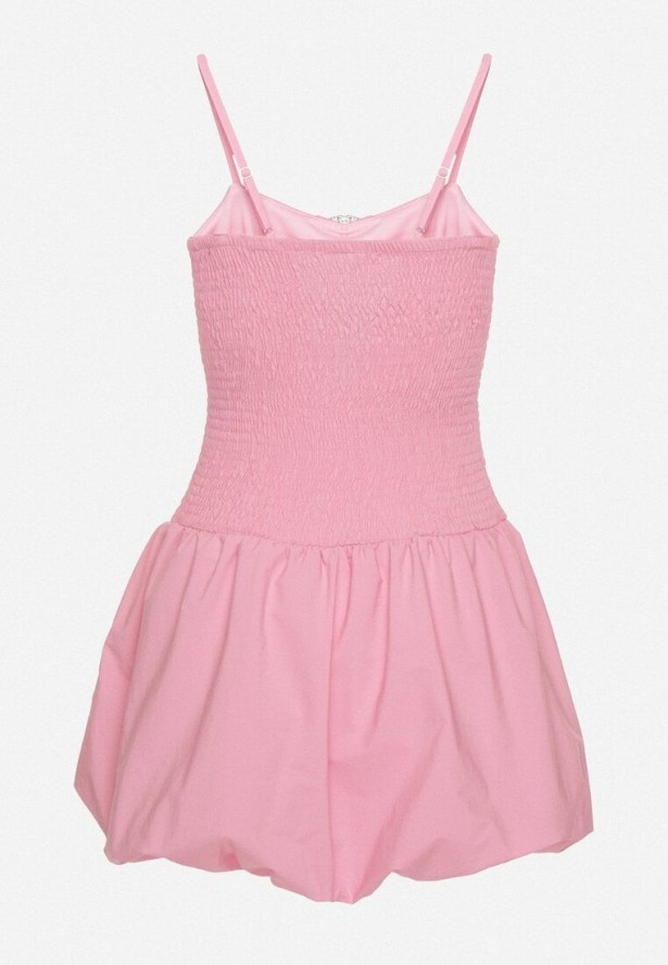 Różowa Sukienka Typu Bombka z Cyrkoniową Klamrą z Podszewką Typu Szorty Nessim