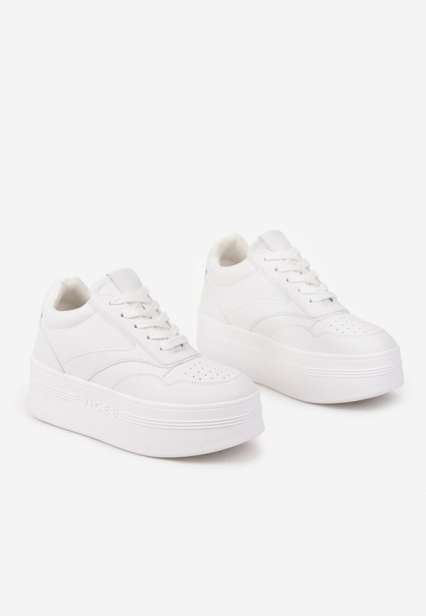 Białe Sznurowane Sneakersy Vices na Platformie z Metalicznymi Paskami Neliawen
