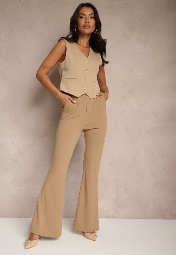 Ciemnobeżowe Spodnie High Waist Dzwony z Wiskozą Blazza