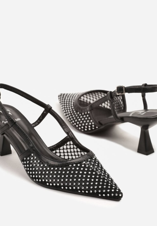 Czarne Sandały na Kaczuszce Slingback z Siateczkową Cholewką i Cyrkoniami Velionna