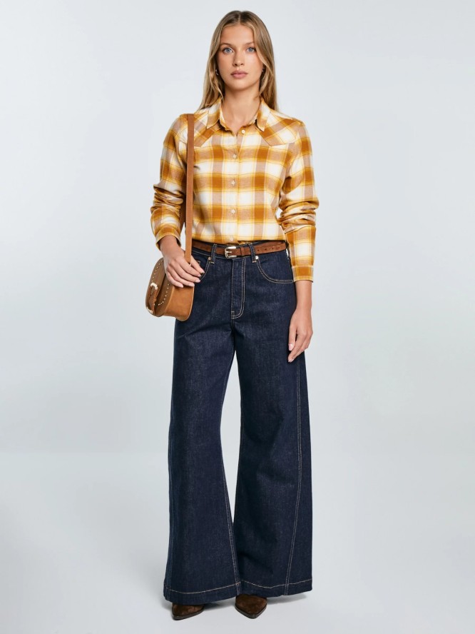 Koszula damska flanelowa w kratę żółto-brązowa Dreni 201