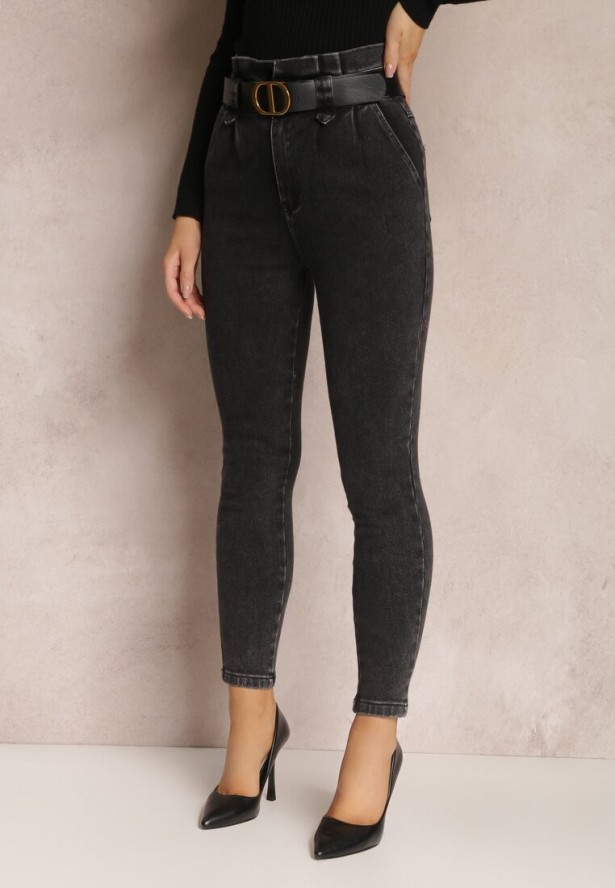 Czarne Jeansy Mom Fit z Paskiem Astera