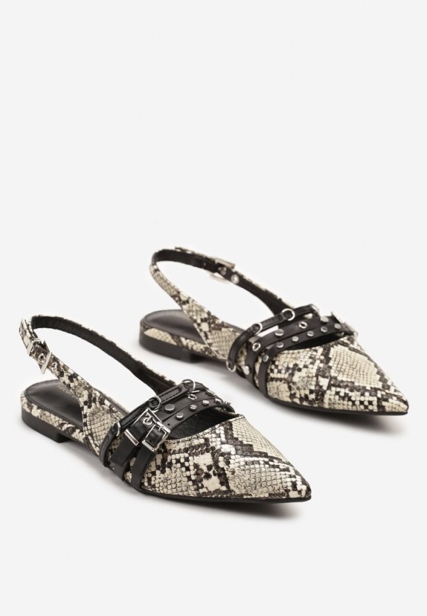 Czarno-Beżowe Wężowe Sandały Slingback ze Szpiczastym Noskiem Zdobione Paskami z Klamerkami Voseira