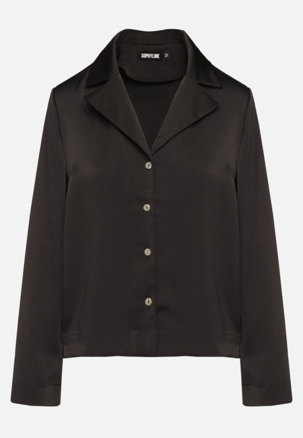 Czarna Elegancka Koszula Satynowa z Wycięciami na Dolnej Krawędzi Klirea