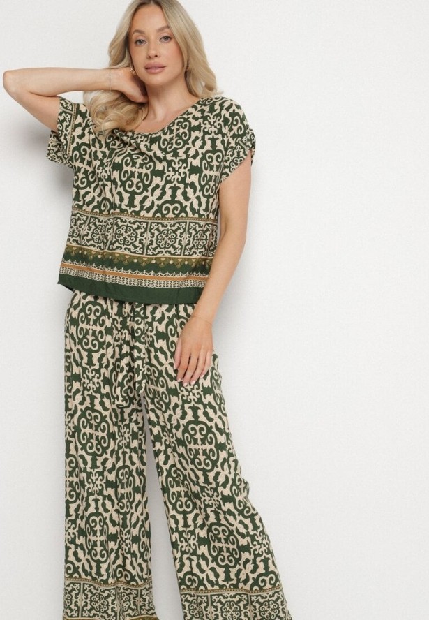 Ciemnozielony Komplet Bawełniany w Ornamentalny Wzór Spodnie i Bluzka Nanirienna