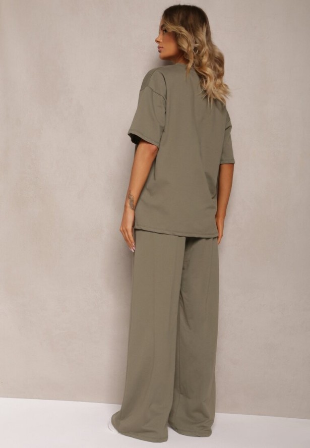 Ciemnozielony Komplet z Bawełny Proste Szerokie Spodnie z Gumką w Pasie Bluzka z Rozcięciami Vimarases