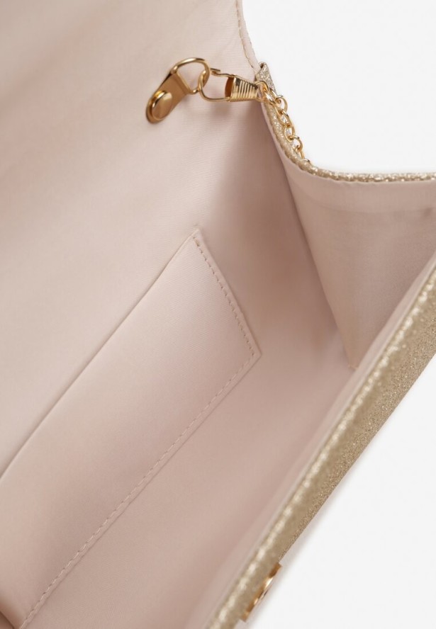 Złota Torebka Kopertówka z Łańcuszkiem Zdobiona Brokatem i Aplikacją Galilena