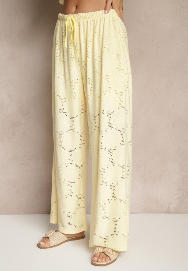 Żółty Komplet Ażurowy Bluzka o Koszulowym Kroju i Spodnie z Szeroką Nogawką Linaniria