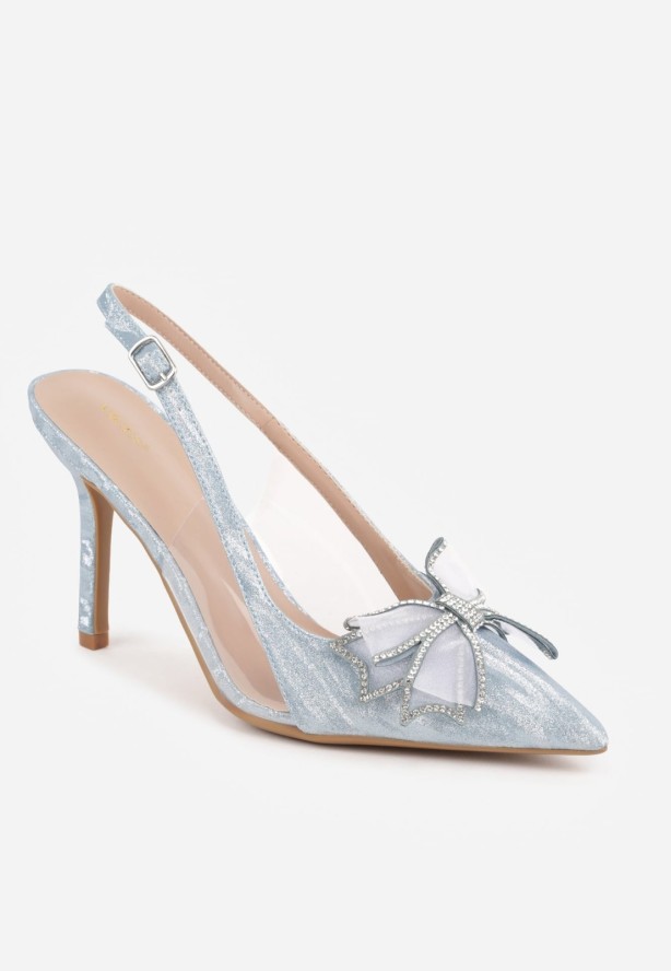 Niebieskie Szpilki VICES Slingback z Kokardą Cyrkoniami i Transparetną Wstawką Kalilise