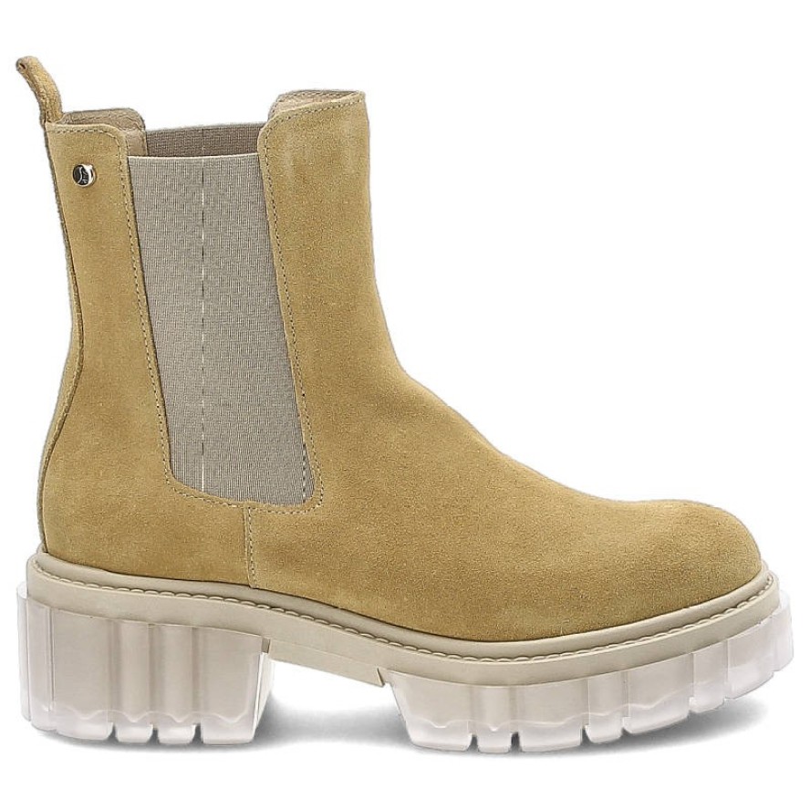 Botki damskie Lemar, wykonane ze skóry zamszowej z elastycznymi panelami bocznymi masywną podeszwą z tworzywa i pętelką z tyłu cholewki, piaskowe, 30