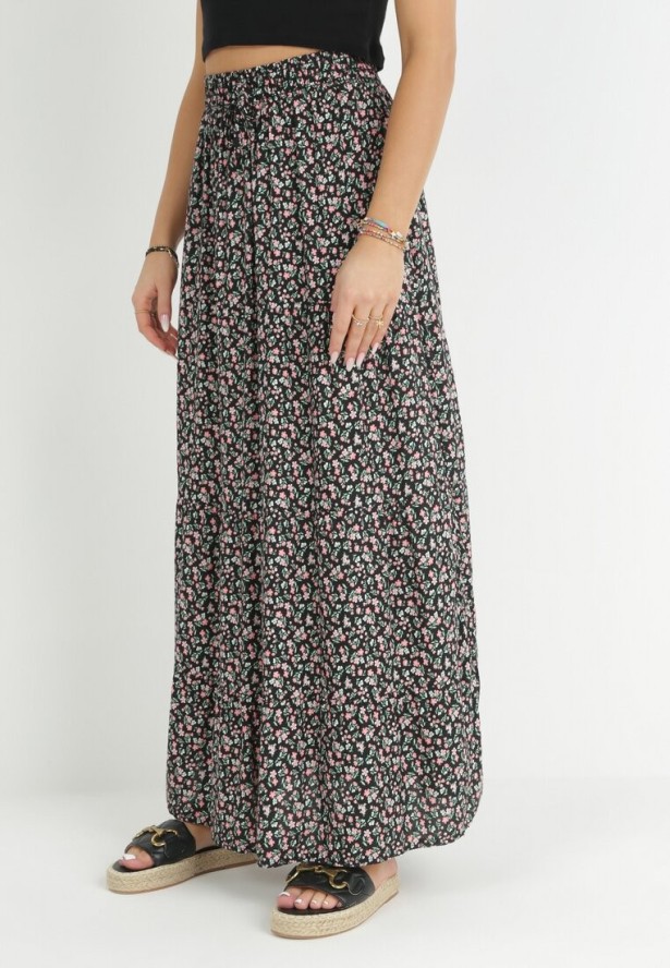 Czarna Bawełniana Spódnica Maxi w Kwiatki Amelix